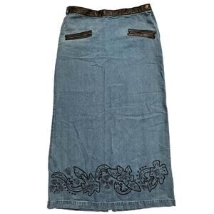 Vintage Keren Hart Small Jean Denim Maxi Skirt Floral Embroidered Leather Trim